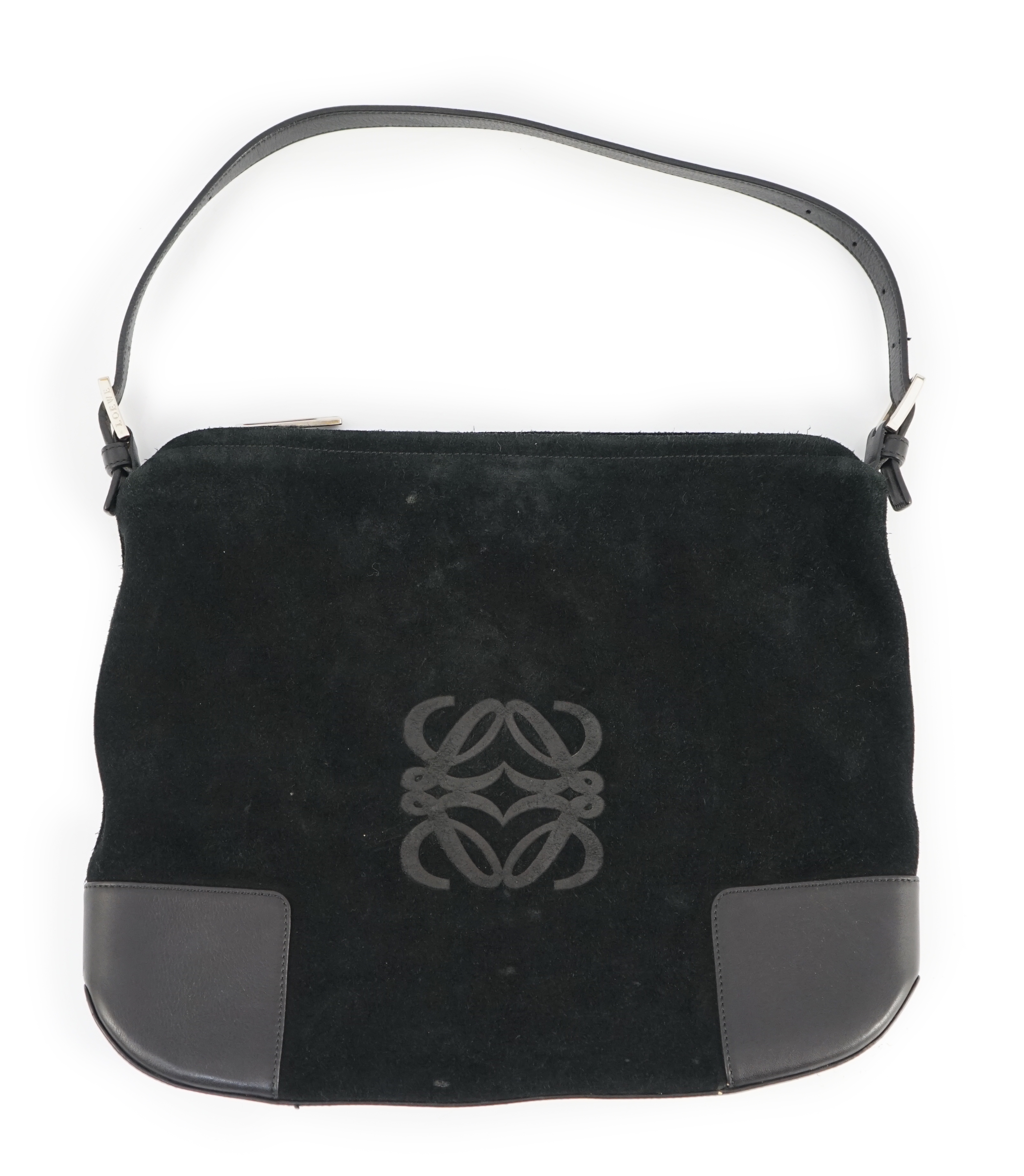 A Loewe black suede and leather shoulder bag and purse, bag width 34cm, depth 3cm, height 28cm, purse width 16.5cm, height 12cm